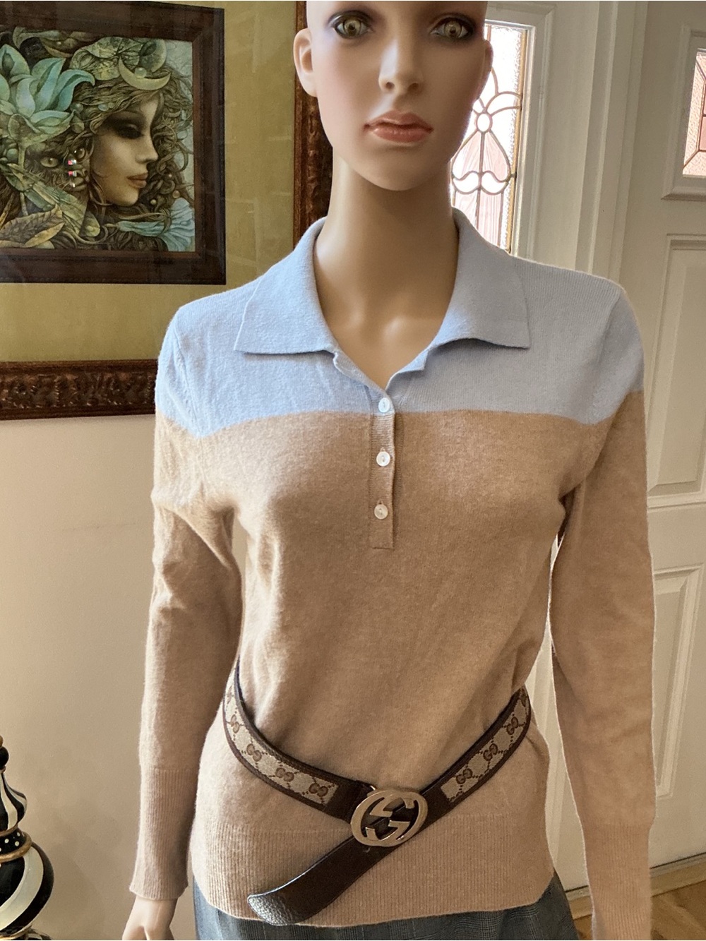 Cashmere Blue/Grey and Beige Polo Sweater